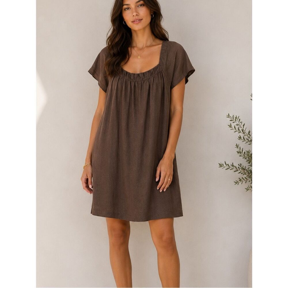 Chalet Linen Shift Above Knees Square Neck Dress In Brown Size XL